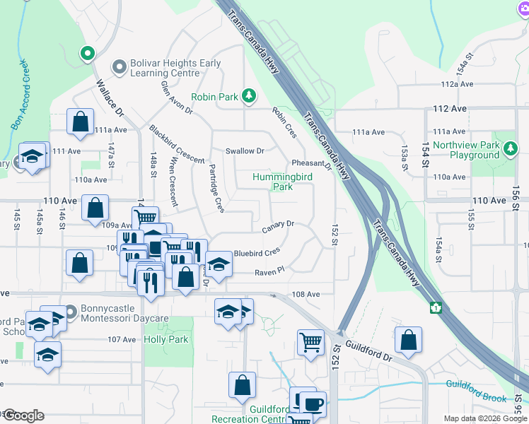 map of restaurants, bars, coffee shops, grocery stores, and more near 10957 Jay Crescent in Surrey