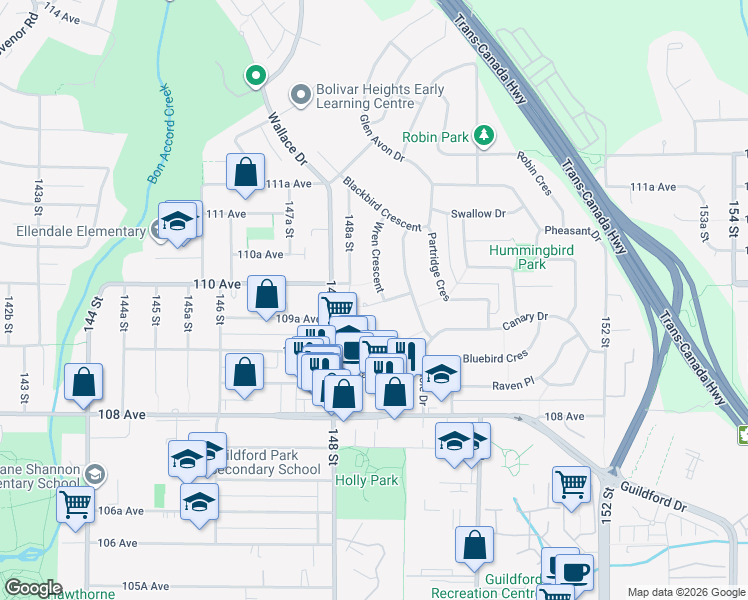 map of restaurants, bars, coffee shops, grocery stores, and more near 10977 Wren Crescent in Surrey