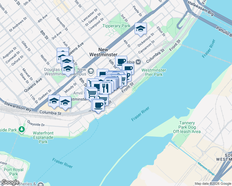 map of restaurants, bars, coffee shops, grocery stores, and more near 660 Quayside Drive in New Westminster