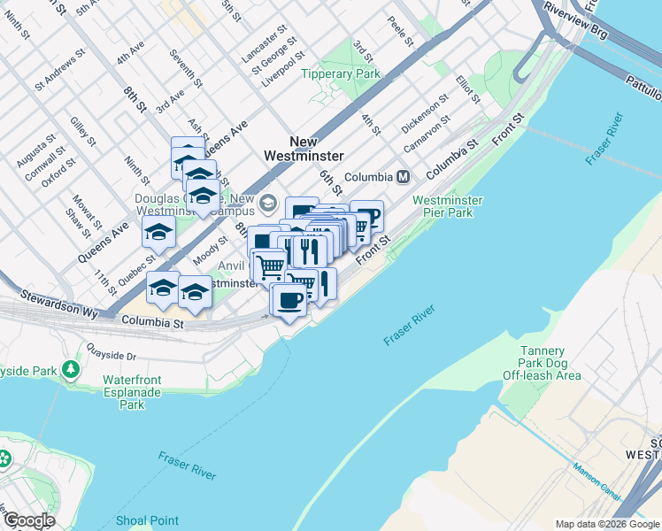 map of restaurants, bars, coffee shops, grocery stores, and more near 702 Columbia Street in New Westminster