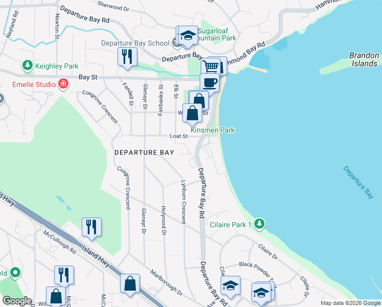 map of restaurants, bars, coffee shops, grocery stores, and more near in Nanaimo