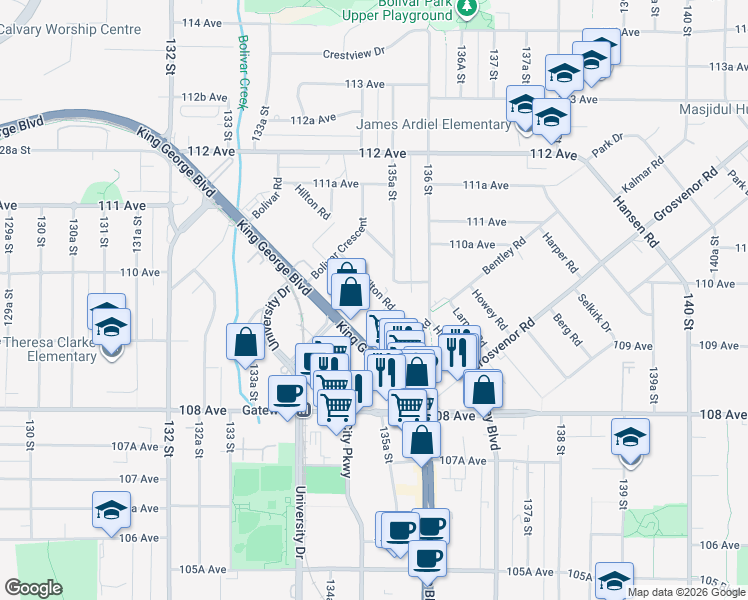 map of restaurants, bars, coffee shops, grocery stores, and more near in Surrey