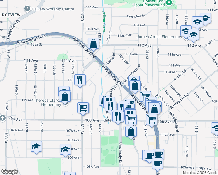 map of restaurants, bars, coffee shops, grocery stores, and more near 10957 University Drive in Surrey