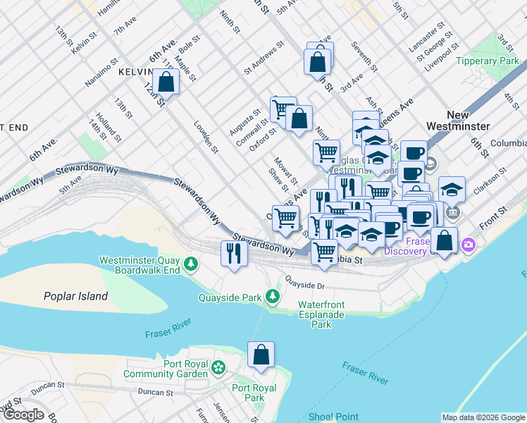 map of restaurants, bars, coffee shops, grocery stores, and more near 211 12th Street in New Westminster