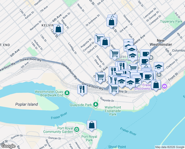 map of restaurants, bars, coffee shops, grocery stores, and more near 211 12th Street in New Westminster
