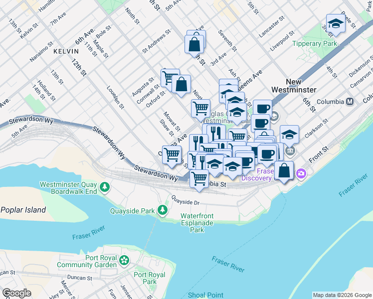 map of restaurants, bars, coffee shops, grocery stores, and more near 1035 Auckland Street in New Westminster