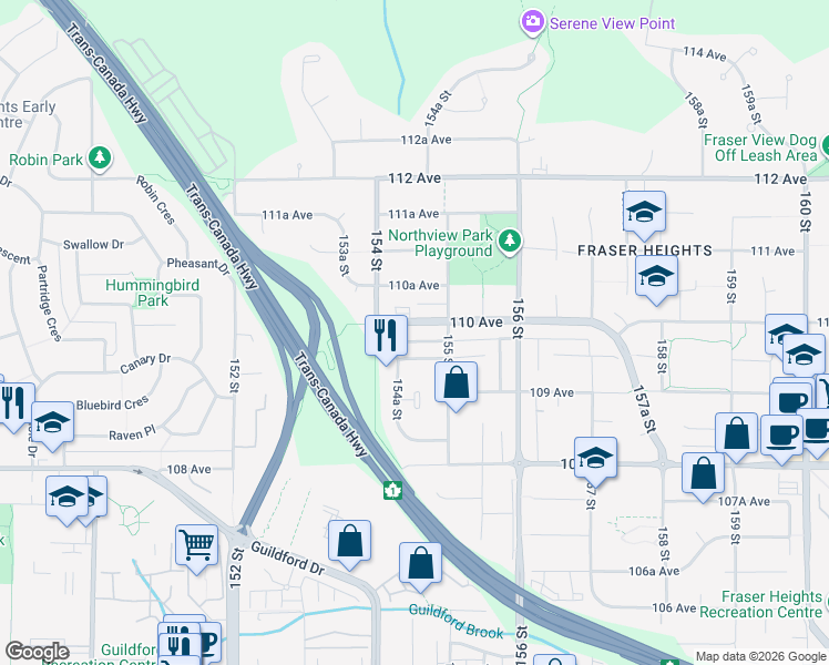 map of restaurants, bars, coffee shops, grocery stores, and more near 15458 110 Avenue in Surrey