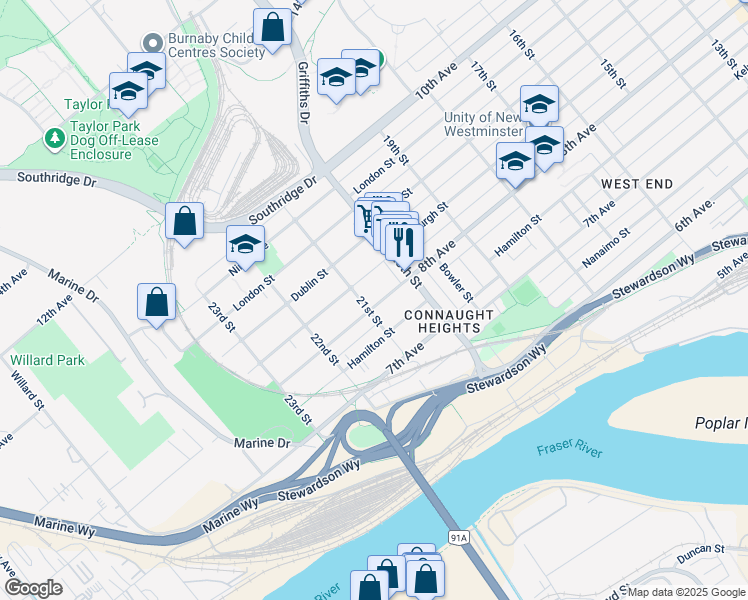map of restaurants, bars, coffee shops, grocery stores, and more near 2031 Eighth Avenue in New Westminster