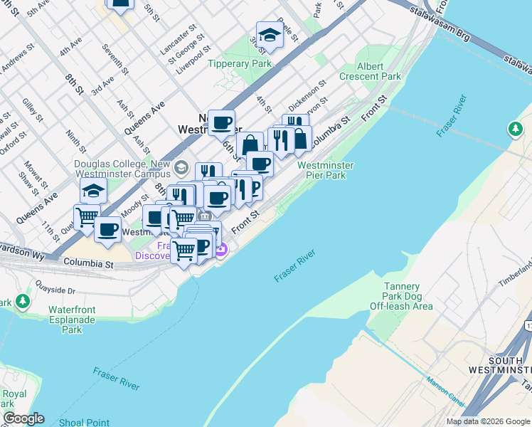 map of restaurants, bars, coffee shops, grocery stores, and more near 660 Quayside Drive in New Westminster