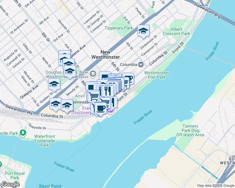 map of restaurants, bars, coffee shops, grocery stores, and more near 668 Columbia Street in New Westminster
