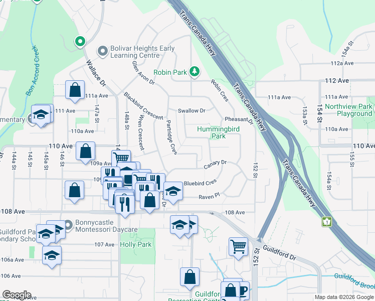 map of restaurants, bars, coffee shops, grocery stores, and more near 10976 Partridge Crescent in Surrey