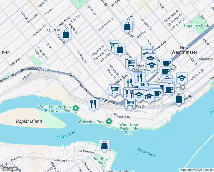 map of restaurants, bars, coffee shops, grocery stores, and more near 130 Auckland Street in New Westminster