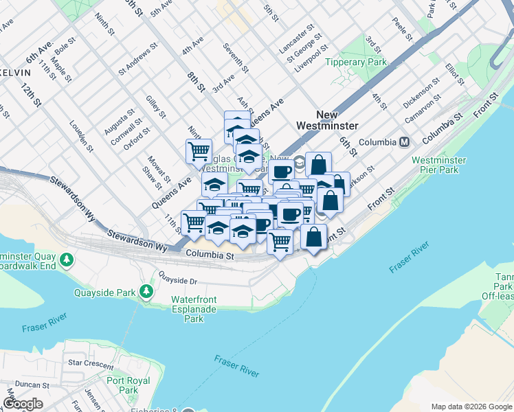 map of restaurants, bars, coffee shops, grocery stores, and more near 813 Agnes Street in New Westminster