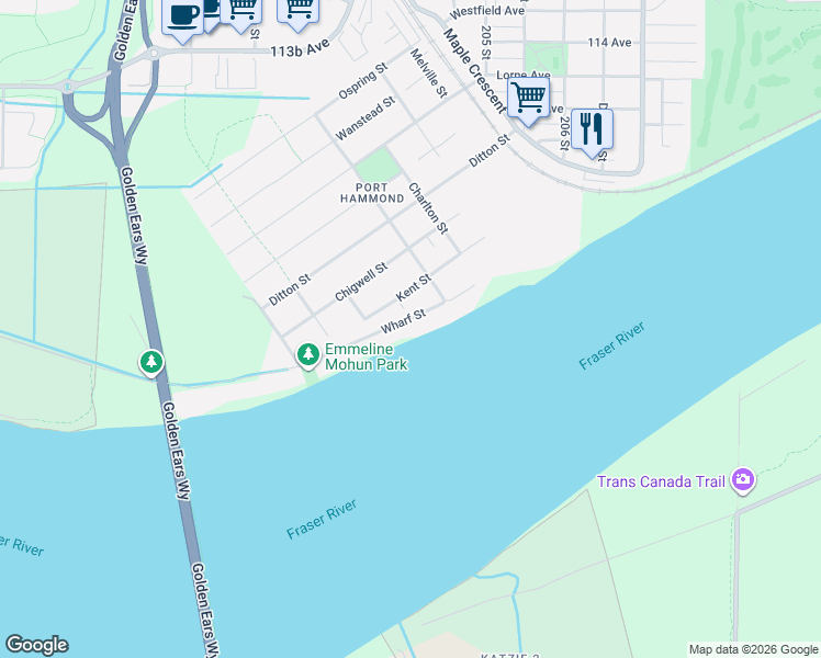 map of restaurants, bars, coffee shops, grocery stores, and more near 20354 Wharf Street in Maple Ridge