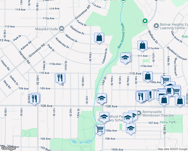 map of restaurants, bars, coffee shops, grocery stores, and more near 14352 110 Avenue in Surrey