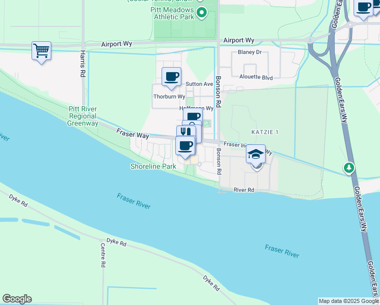 map of restaurants, bars, coffee shops, grocery stores, and more near 12 Barnston View Road in Pitt Meadows