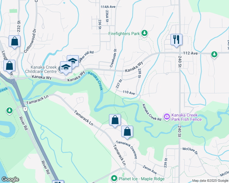 map of restaurants, bars, coffee shops, grocery stores, and more near 23710 110 Avenue in Maple Ridge