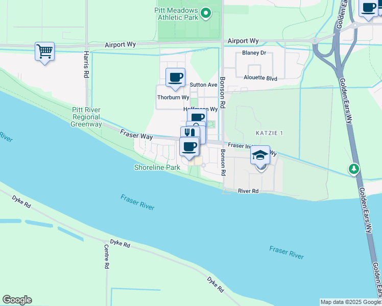 map of restaurants, bars, coffee shops, grocery stores, and more near 10973 Barnston View Road in Pitt Meadows