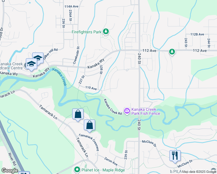 map of restaurants, bars, coffee shops, grocery stores, and more near 23833 110 Avenue in Maple Ridge