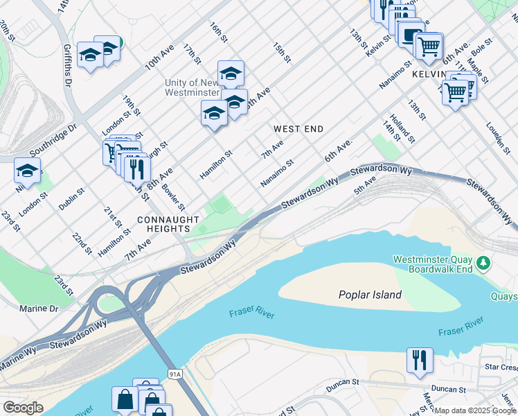 map of restaurants, bars, coffee shops, grocery stores, and more near 2096 Stewardson Way in New Westminster