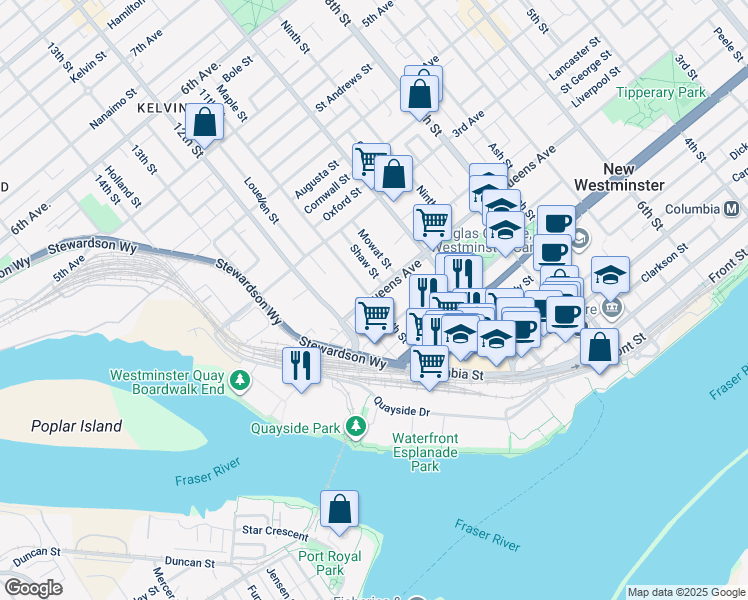 map of restaurants, bars, coffee shops, grocery stores, and more near 135 Eleventh Street in New Westminster