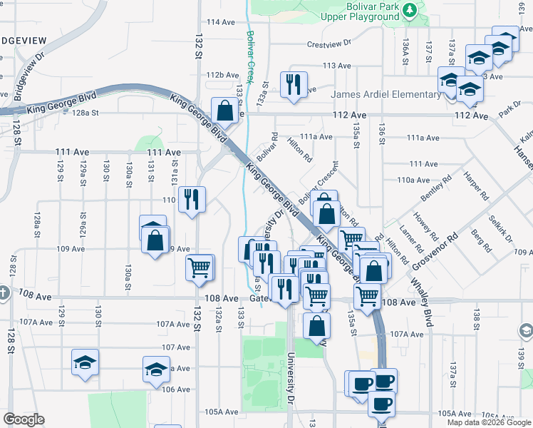 map of restaurants, bars, coffee shops, grocery stores, and more near 10967 University Drive in Surrey