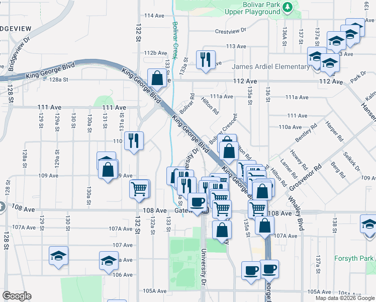 map of restaurants, bars, coffee shops, grocery stores, and more near 10967 University Drive in Surrey