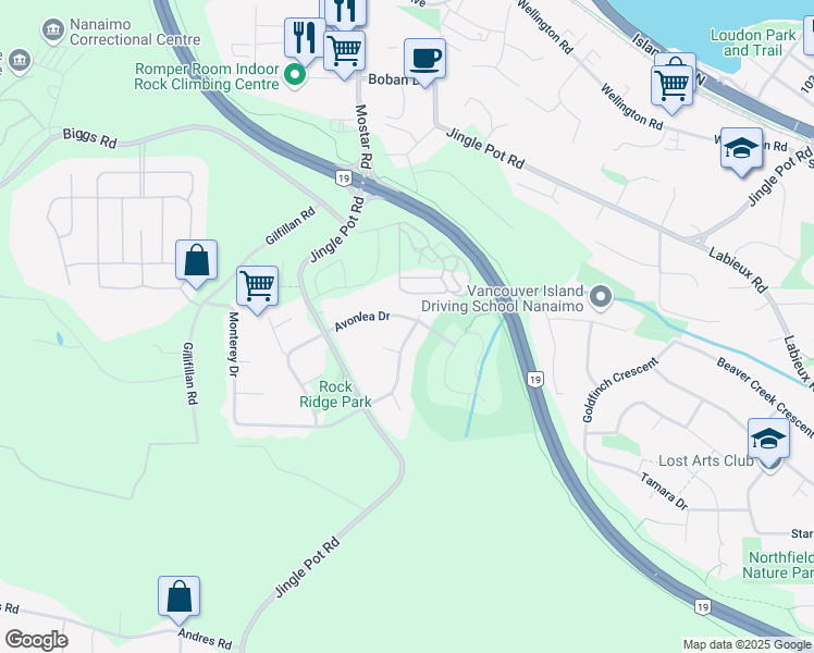 map of restaurants, bars, coffee shops, grocery stores, and more near 3753 Cavendish Boulevard in Nanaimo