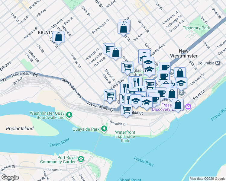 map of restaurants, bars, coffee shops, grocery stores, and more near 135 11th Street in New Westminster