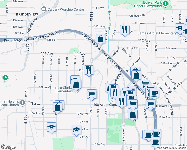 map of restaurants, bars, coffee shops, grocery stores, and more near in Surrey