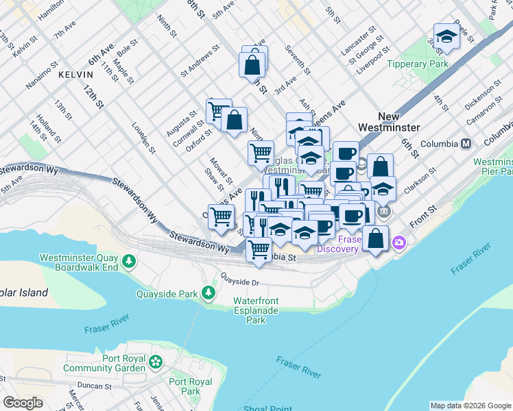 map of restaurants, bars, coffee shops, grocery stores, and more near 1018 Auckland Street in New Westminster
