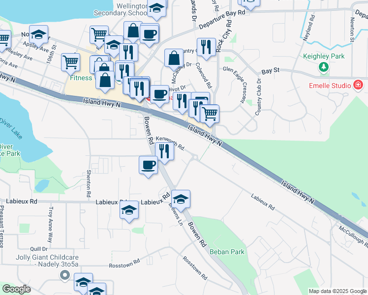 map of restaurants, bars, coffee shops, grocery stores, and more near 2560 Bowen Road in Nanaimo