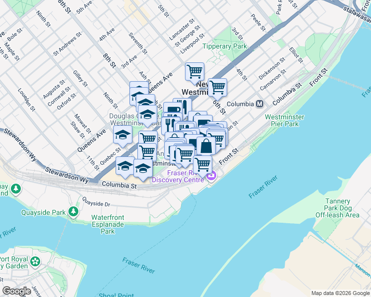 map of restaurants, bars, coffee shops, grocery stores, and more near 789 Carnarvon Street in New Westminster