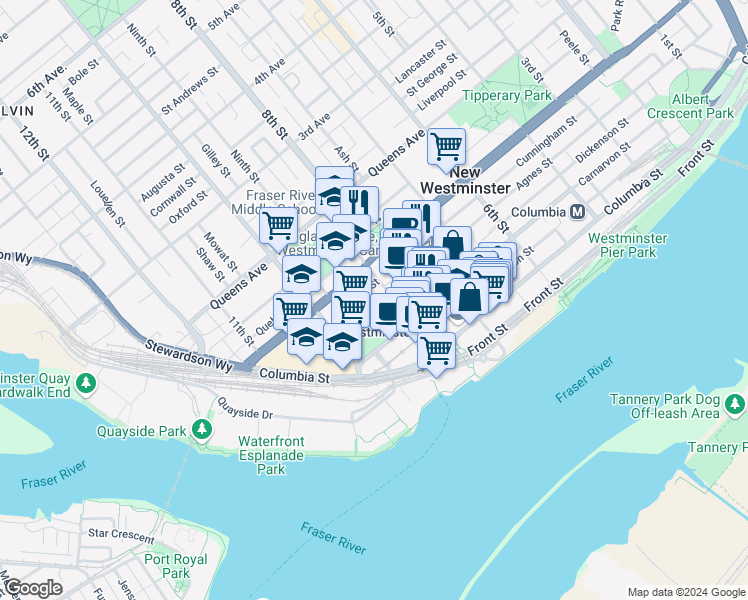 map of restaurants, bars, coffee shops, grocery stores, and more near 829 Agnes Street in New Westminster