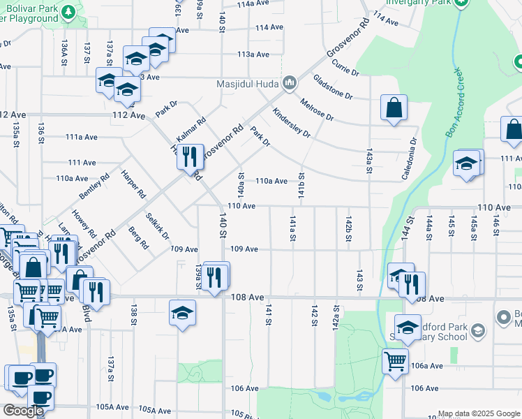 map of restaurants, bars, coffee shops, grocery stores, and more near 14080 110 Avenue in Surrey