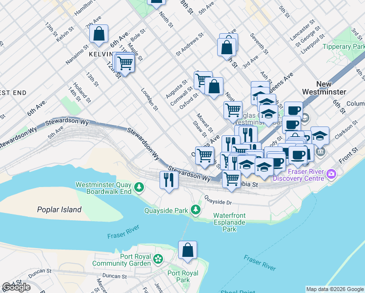 map of restaurants, bars, coffee shops, grocery stores, and more near 215 12th Street in New Westminster