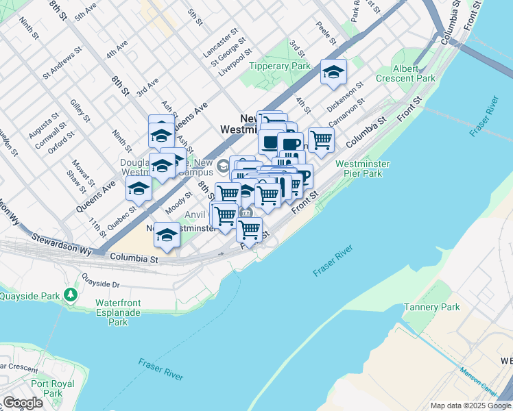 map of restaurants, bars, coffee shops, grocery stores, and more near 706 Clarkson Street in New Westminster