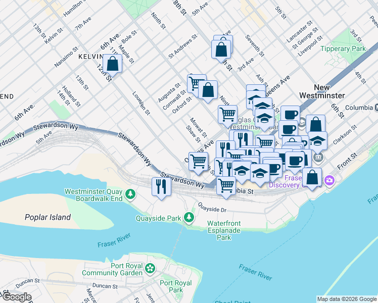 map of restaurants, bars, coffee shops, grocery stores, and more near 210 11th Street in New Westminster