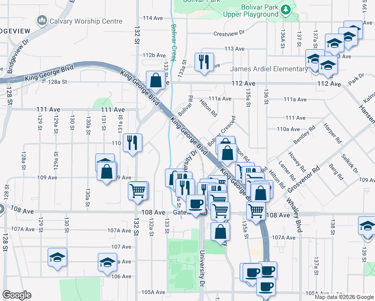 map of restaurants, bars, coffee shops, grocery stores, and more near 10977 University Drive in Surrey