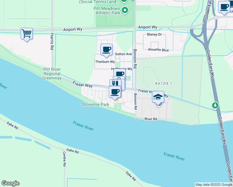 map of restaurants, bars, coffee shops, grocery stores, and more near 10973 Barnston View Road in Pitt Meadows