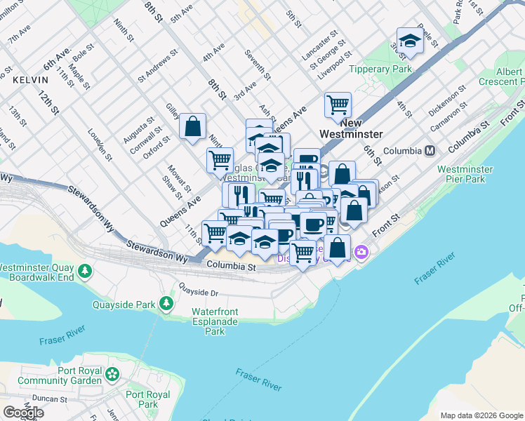 map of restaurants, bars, coffee shops, grocery stores, and more near 838 Royal Avenue in New Westminster