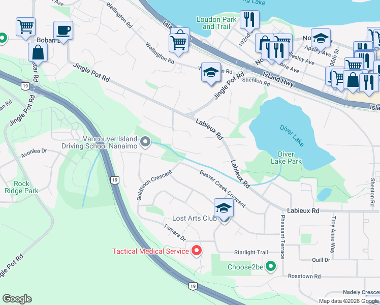 map of restaurants, bars, coffee shops, grocery stores, and more near Lintlaw Road in Nanaimo
