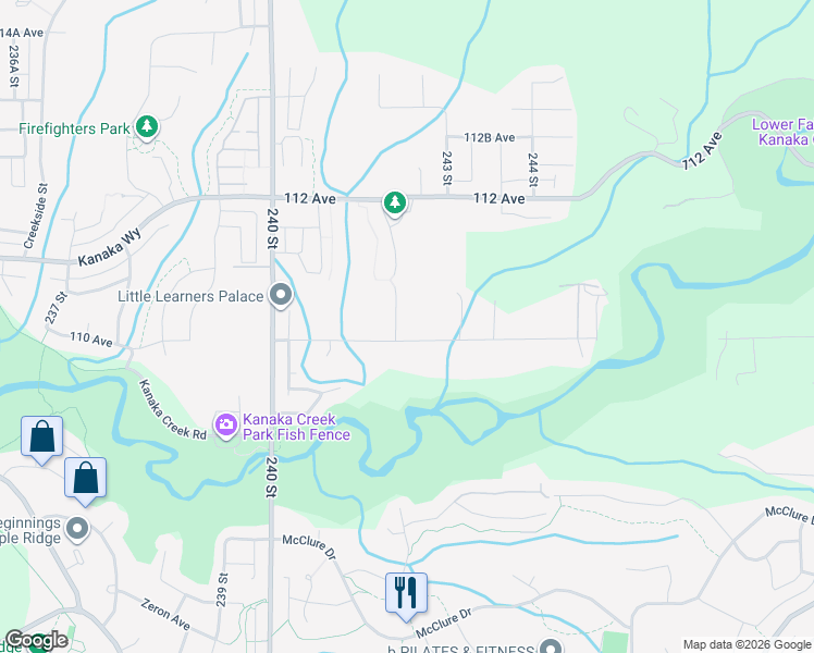 map of restaurants, bars, coffee shops, grocery stores, and more near 24185 110 Avenue in Maple Ridge