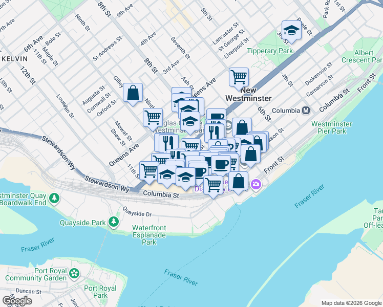 map of restaurants, bars, coffee shops, grocery stores, and more near 828 Royal Avenue in New Westminster