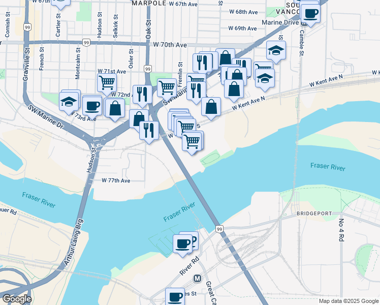 map of restaurants, bars, coffee shops, grocery stores, and more near in Vancouver