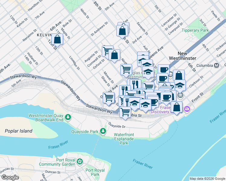 map of restaurants, bars, coffee shops, grocery stores, and more near 1032 Queens Avenue in New Westminster
