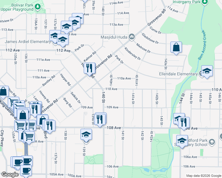 map of restaurants, bars, coffee shops, grocery stores, and more near 110 Ave & 140a St in Surrey