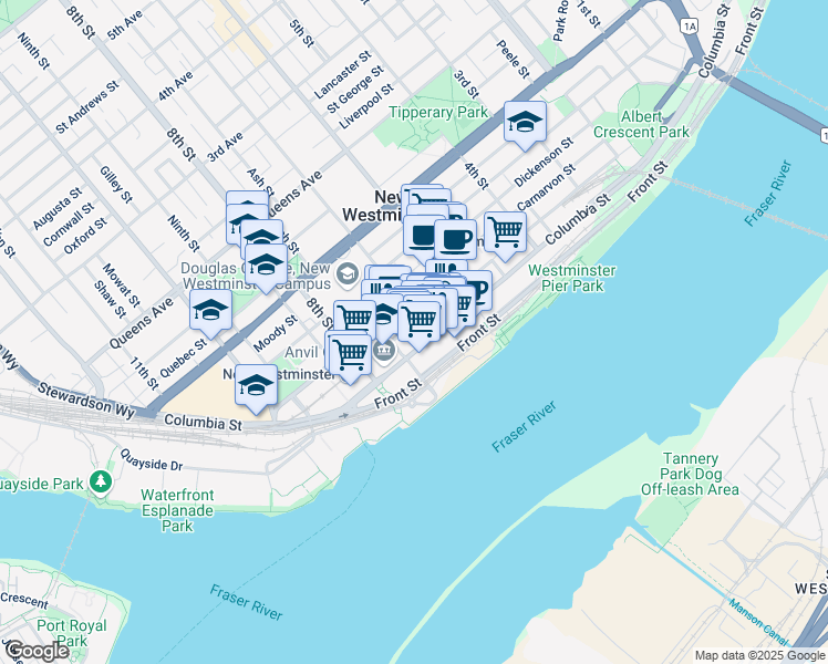map of restaurants, bars, coffee shops, grocery stores, and more near in New Westminster