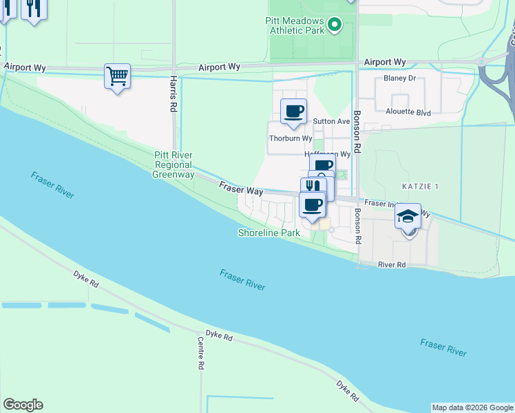 map of restaurants, bars, coffee shops, grocery stores, and more near 19452 Fraser Way in Pitt Meadows