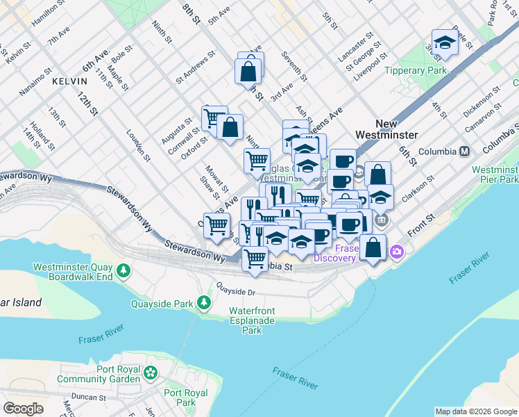 map of restaurants, bars, coffee shops, grocery stores, and more near 1012 Auckland Street in New Westminster